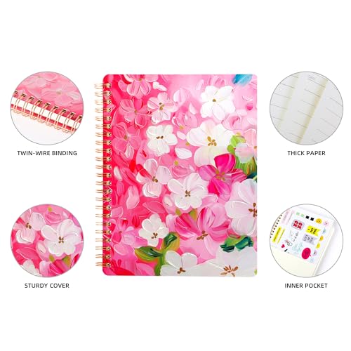 Spiral Notebook for Women, 8.25" x 6.25" Journal with Durable Hardcover and 160 Lined Pages with Large Pockets - Perfect to Stay Organized and Boost Productivity at Work or School (flowers-N) - color: flowers-N