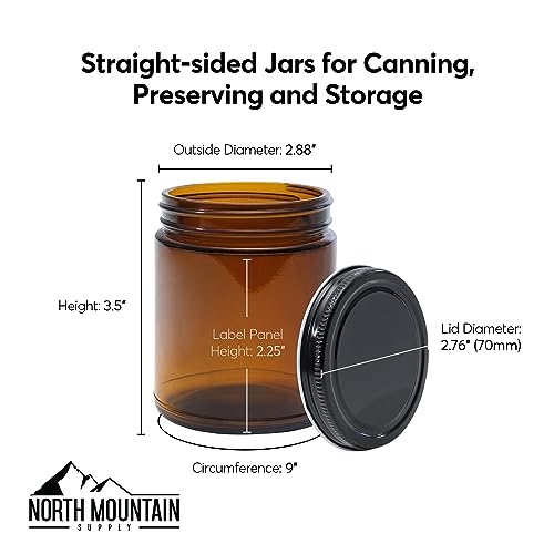 North Mountain Supply 9 Ounce Amber Glass Straight Sided Mason Canning Jars - with 70mm Silver Metal Lids - Case of 12