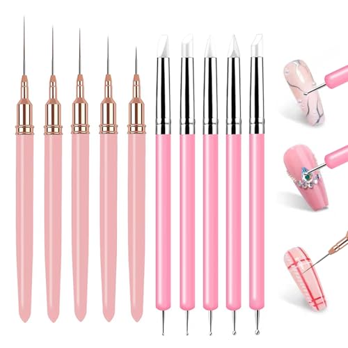 10Pcs Nail Art Tool Set, 5Pcs Ultra-Fine Nail Art Liner Brushes & 5Pcs Dual-Ended Silicone Dotting Pens, Precision Nail Art Painting Pens for Intricate Lines, Dots, Patterns & Salon DIY Manicure - color: Liner Brush & Silicone Pens