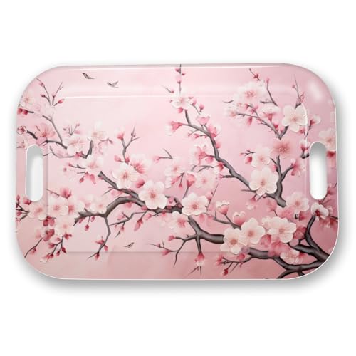 Serving Trays with Handles, 14.5 x 9.8 inch Rectangular Plastic Tray for Restaurant, Kitchen, Pink Cherry Blossom - color: Pink Cherry Blossom