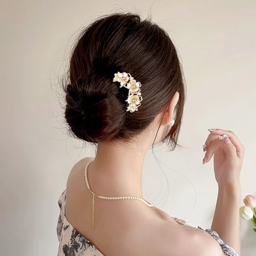 Pearl Flower Hair Clips for Women U-Shaped French Hair Pin Flower Hairclips Gold Hairpin Clip Metal Bun Maker Floral Hairpins Wedding Hair Accessories for Girls Ladies Brides Bridesmaids