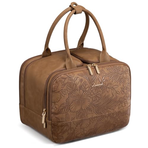 LOVEVOOK Travel Toiletry Bag for women, Leather Large Wide-open Makeup Bag, Waterproof Cosmetic Bag Organizer for Shower, Traveling, Toiletries, Bathroom - color: Embossed Brown