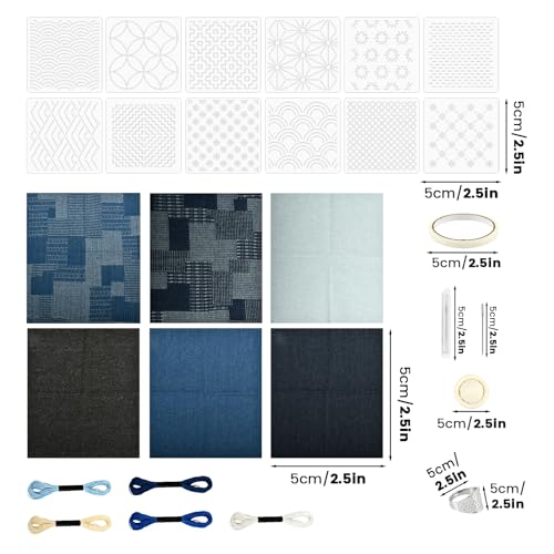 DOQXYAVM 45Pcs Sashiko Embroidery Kit for Beginners, Japanese Sashiko Stencil Kit with Geometric Templates, Fabric, Threads, Needles, Thimble, Complete Hand Quilting Stitching Sewing Supplies