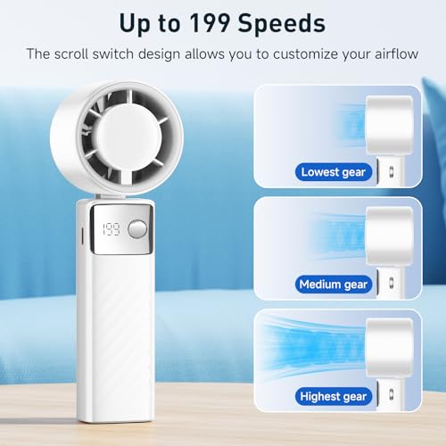 YOSHENMO Portable Handheld Turbo Fan - Foldable Mini Fan with Air Turbo Tech, 1-199 Speed Adjustment, 20H Runtime, LED Display, Battery-Powered for Indoor/Outdoor Use Light White - color: Light White, size: Small