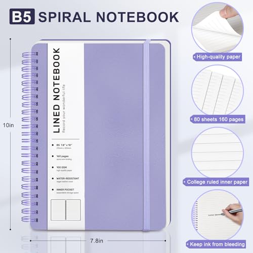 Lined Spiral Journal Notebook, B5 Hardcover Leather Notebook for Work, 7.8''×10'', 100GSM Thick Paper Spiral Bound Journaling Notebooks for Women & Men Office School Note Taking Business, Purple - color: Purple, size: B5