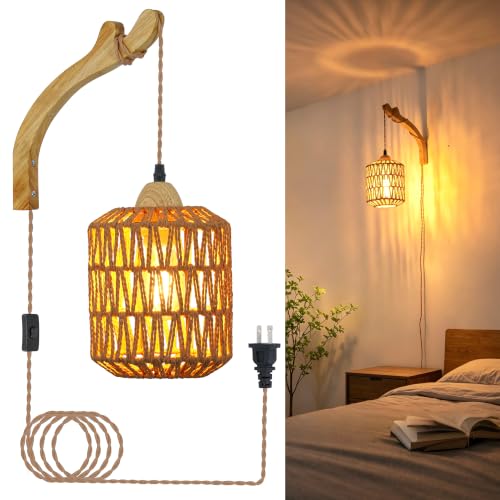 Frideko Rattan Wall Lamp with Plug in Cord Hand Woven Plug in Wall Sconces Paper Rope Wall Light Farmhouse Wall Sconce Wall Mounted Light Boho Wall Sconces Wall Lighting for Bedroom Living Room - color: Brown(1PC)
