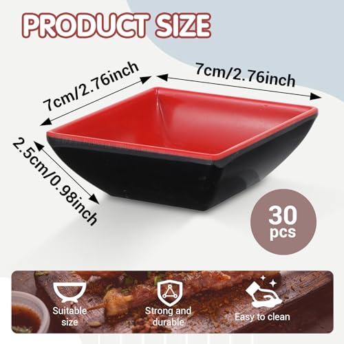 30 Pcs Dipping Bowls Soy Sauce Dishes Dipping Sauce Bowl Dip Serving Bowls Set Black Red Side Small Dish Bowls Melamine Sauce Cups Pinch Bowl for Condiment, Sauce, Soy, BBQ, Desserts(Square)