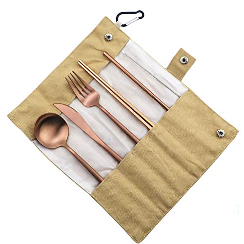 Luxury Rose Gold Matte Portable 18/10 Stainless Steel Travel Flatware Sets of 7 Portable Camping Cutlery Set, Healthy & Eco-Friendly Flatware Set with Carrying Case for Travel or Camping - color: Rose Gold, size: Khaki Pouch