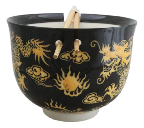 Ebros Gift Artistic Donburi Ramen Udon Noodles Soup Salad 5" D 18Oz Bowl With Bamboo Chopsticks And Built In Rest Set Asian Dining Kitchen Accent (Black And Yellow Oriental Dragon King) - color: Black And Yellow Oriental Dragon King