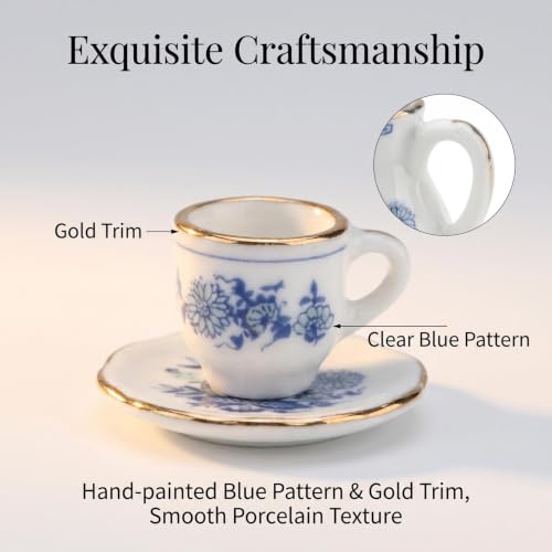 Miniature Tea Set 1/6 Scale Dollhouse Accessories Porcelain Blue Flower - color: Blue