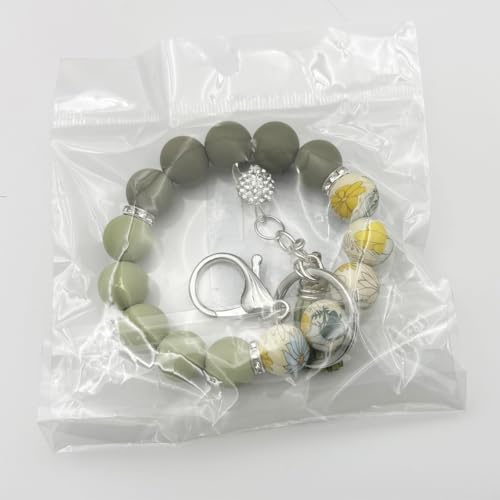 Unpafcxddyig Silicone Bead Keychain Bracelet Wristlet Key Ring - color: Army Green Flower