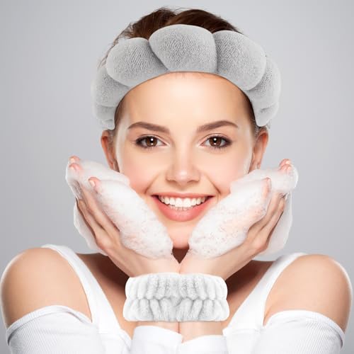 Zkptops Spa Headband for Washing Face Wristband Set Sponge Makeup Skincare Terry Cloth Bubble Soft Get Ready Hairband for Women Girl Puffy Padded Headwear Non Slip Thick Hair Accessory(Grey-2) - color: ZC Grey-2