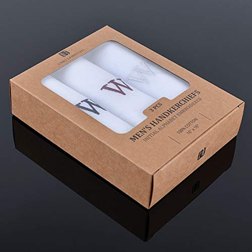 Initial Handkerchief for Men, Monogrammed Boxed 3 Piece Set,100% Cotton - color: W initial