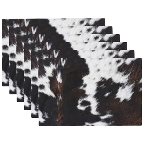 Cow Print Western Placemats Washable Table Placemat Set of 6 - color: Brown Black White, size: Set of 6