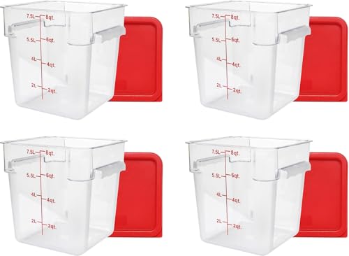 Tiger Chef 4 Pack Food Storage Container with Red Lid Commercial Grade in 8.0 Qt - Square, Clear, Polycarbonate - style: 8 Quart