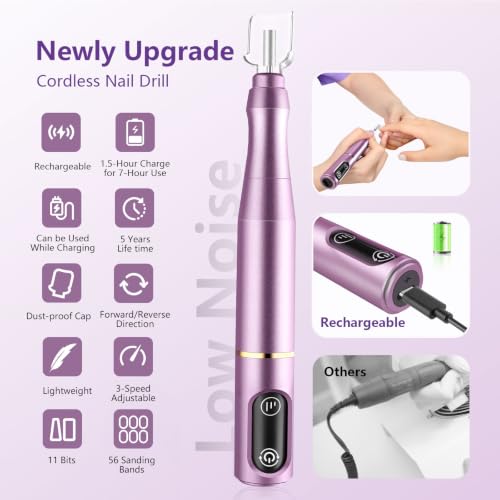 TUOBEO Cordless Nail Drill Electric Nail File Kit, Rechargeable Efile Set - color: Purple