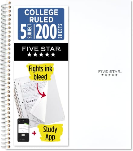 Five Star Spiral Notebook, 5 Subject, College Ruled | 8-1/2" x 11" | 200 Sheets | Water Resistant Cover | White | Pack of 6 - color: White, size: 1 Count (Pack of 6)
