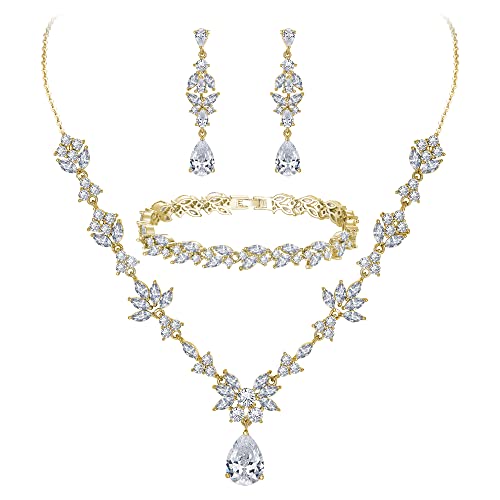 BriLove Wedding Jewelry Set for Women, Y-Necklace Tennis Bracelet Dangle Earrings with AAA Cubic Zirconia Teardrop for Bridal Bridesmaid - color: 02-ClearGold-Toned