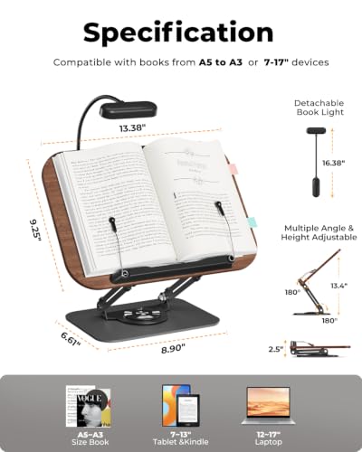 Book Stand with Reading Light, 360° Rotating Book Holder for Desk, Foldable Cookbook Stand with Page Clips, Height & Angle Adjustable Reading Stand for Textbooks, Tablets - color: Dark Wood With Light