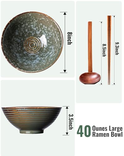 8 Inch 40oz Large Japanese Ramen Bowl Set of 2,Material Safety Ceramic Ramen Bowls with Matching Chopsticks and Spoons, Pho Bowls Ramen Noodle Bowl for Asian Udon Soup Salad Cereal(Green) - color: Green