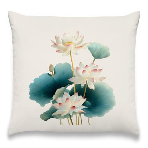 Lotus Flower Pillow Cover 18 x 18 Inches, Teal Leaf Zen Decor - color: Teal Lotus