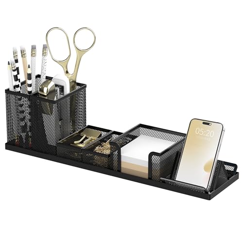 Pen Holder for Desk, 6-Piece Mesh Desk Organizer with Phone Holder, Black - color: Black