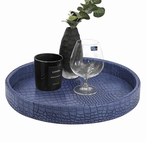 HofferRuffer Faux Leather Round Serving Tray, Vegan Croco Leather Decorative Tray, Food Tray for Storage Drinks, Snack & Cosmetics, Dia.12'' x 1.6'' (Blue) - color: Blue, size: 12"