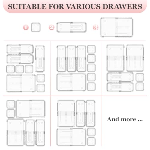 DILIBRA 16 Pcs Clear Extendable Drawer Organizer, 3-Size Adjustable - size: 4Pcs Large + 8Pcs Medium + 4Pcs Small