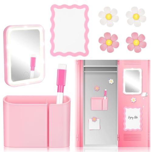 Pink Locker Accessories Kit Back to School Essentials Includes Locker Light up Mirror Magnetic Whiteboard Pen Holder Magnetic Flower Decoration and Organizing Supplies Backing for Girls