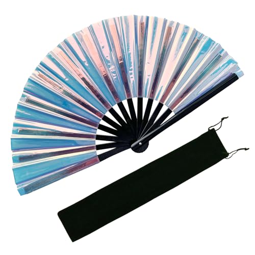 EOSAU Large Laser Rave Fan, Folding Hand Fans for Line Dancing, Blue - color: 13" Blue 01