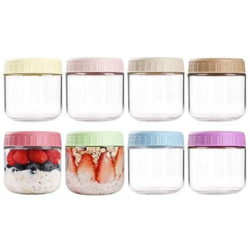 SHOWIN Overnight Oats Containers with Lids, 10oz Glass Jars with Lids 8 pcs, Wide Mouth Mason jars for Salad, Yogurt, Snacks, Meal Prep - color: Multicolor, size: 10oz-8pc