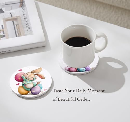 Nikyi 6 Pcs Easter Bunny Pink Heart Ceramic Absorbent Coasters, Spring Cute Rabbit Egg Drink Coaster with Metal Holder Cork Base, Perfect Easter Basket Stuffer, Coffee Table Kitchen Office & Gift - color: Easter Cute Bunny and Easter Eggs Pink Heart