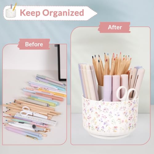 SKYDUE Rotating Pencil Pen Holder for Desk, Pencil Cup with 5 Slots - color: Floral