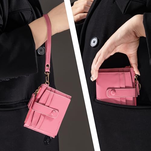 Keychain Wallet Wristlet Small Credit Card Holder Bracelet Key Chain Purse Bangle Tassel Beads Key Rings for Women - color: 04-rfid Pink