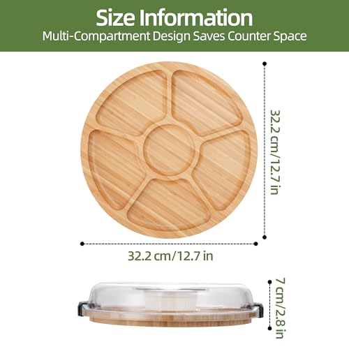 Charcuterie Board with Lid, Bamboo 6‑Compartment Portable Serving Platter - color: 6 Compartments-round