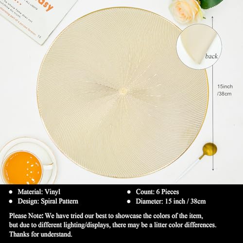 Gold Round Placemats Set of 6, 15 Inch Vinyl Place Mats - color: Gold Round
