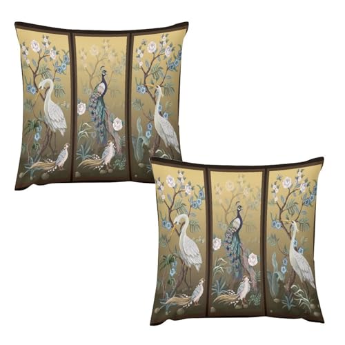 Peacock Peony Crane Pillow Covers,Vintage Asian Chinese Style Japanese Throw Pillow Covers for Home Couch Sofa Bed Decor 18x18in - color: Orange-white, size: 18" x 18" (Pack of 2)