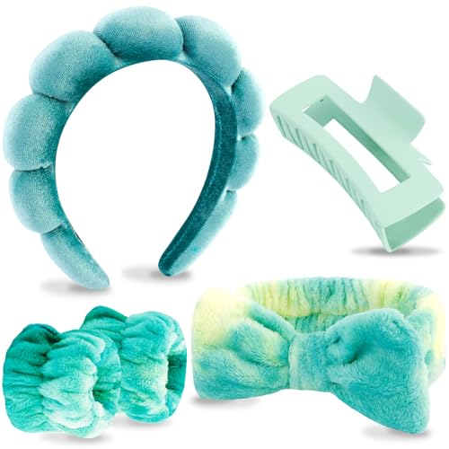 VELSCRUN Spa Headband, Makeup Face Wash Skincare Headbands, 5 Pcs Green Colorful Sponge Bow Tie Get Ready HairBand Facial Wristband Hair Clips Set, Stuff for Teen Girls Women Trendy Hair Accessories - color: Green Colorful