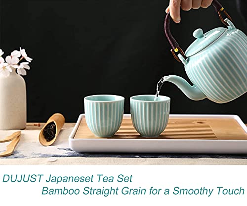 Dujust Japanese Tea Set, Cyan-blue Porcelain Tea Set with 1 Teapot Set, 6 Tea Cups, 1 Tea Tray, 1 Stainless Infuser, Asian Tea Sets for Adults/Tea Lover/Women/Men (Bamboo - Straight Grain Design) - color: Cyan-blue