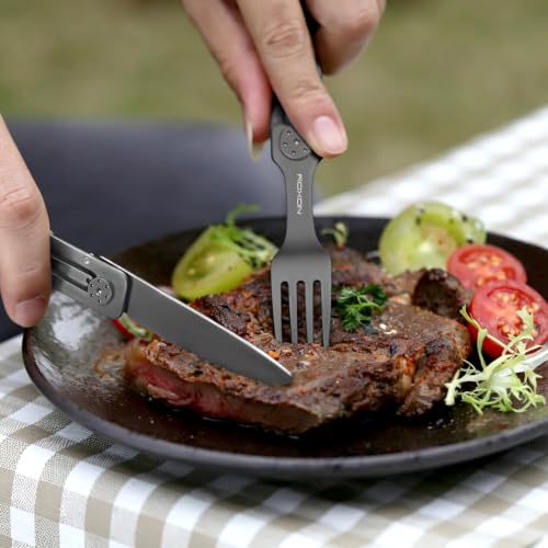 ROXON 3-in-1 Camping Utensils Set (Knife, Spoon, Fork) Titanium-Plated Grey - color: Titanium-Plated Grey