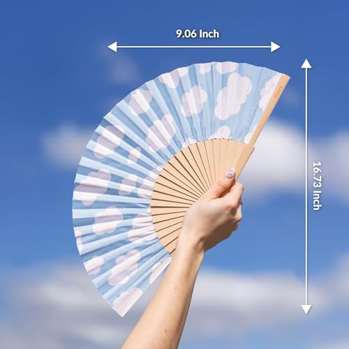 Fisura - Original Fan with Clouds Print. Modern and Colorful Wooden Fan. Blue Hand Fan. Hanger Included. Measures: 42,5 x 23 cm - color: Clouds, Blue