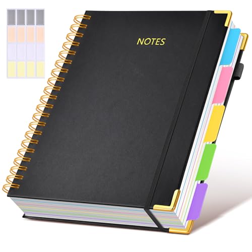Hardcover Spiral Notebook 8.5"x11" Journal with Removable Dividers Tabs, 300 Pages Leather 5 Subject Notebook College Ruled, Large A4 Notebooks for Work School, Lined Journal for Women, A4 Black - color: Black, size: 8.5"x11"