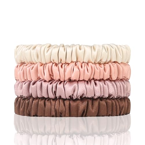 100% Mulberry Silk Hair Ties 4PCS, Silk Scrunchies for Women - color: 4Pcs(Beige*1+Brown*1+Cameo Brown*1+Coral*1)