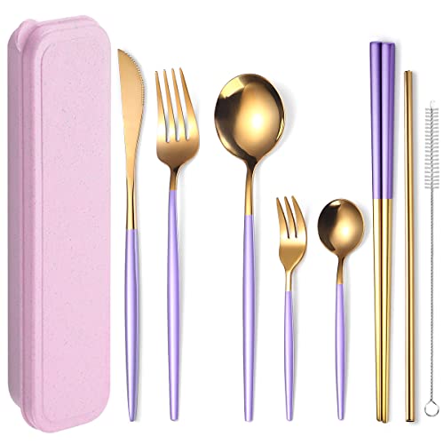 AARAINBOW 8 Pieces Stainless Steel Flatware Set Portable Reusable Cutlery Set Travel Utensils Set Including Chopsticks Knife Fork Spoon Straws Cleaning Brush Dishwasher Safe (Purple Golden) - color: Purple Golden