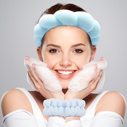 Zkptops Spa Headband for Washing Face Wristband Set Sponge Makeup Skincare Headband Terry Cloth Bubble Soft Get Ready Hairband for Women Girl Puffy Padded Headwear Non Slip Thick Hair Accessory(Blue) - color: Blue