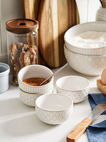 LE TAUCI 3.5 Inch Small Bowls, TINY Embossed Ceramic Dip Bowls, Sauce Dishes, Condiment Cups for Appetizers, Sushi Soy Sauce, Dessert, Ice Cream, Oven & Dishwasher Safe - Set of 4, Arctic white - size: 3.5 INCH