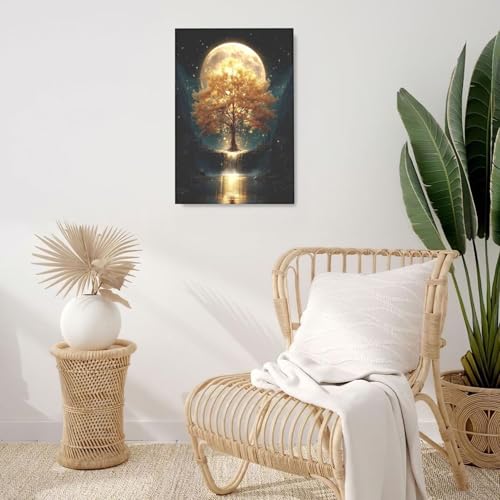 Golden Tree Wall Art Fantasy Tree with Moon and Waterfall Canvas Wall Decor Pictures Paintings Prints Mystical Nature Artwork Framed De corations For Meditation Space Bathroom Bedroom Living Room Office Gifts 16" x 24" - color: Golden Tree, size: 24"L x 1