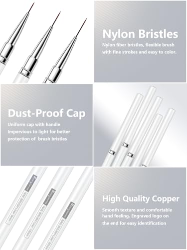 Nail Liner Brush, Fine Line Nail art Brushes 5/9/15/20/25mm Thin Line Nail Brushes Detail Drawing, Liner Brush for Nails Gel (White) - color: White