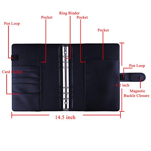 Antner A5 Binder 6 Ring Refillable Notebook Planner Cover for A5 Planner Inserts & Refill Paper, PU Leather Loose Leaf Personal Organizer Photocard Holder Budget Binder with Magnetic Buckle, Black - color: Black