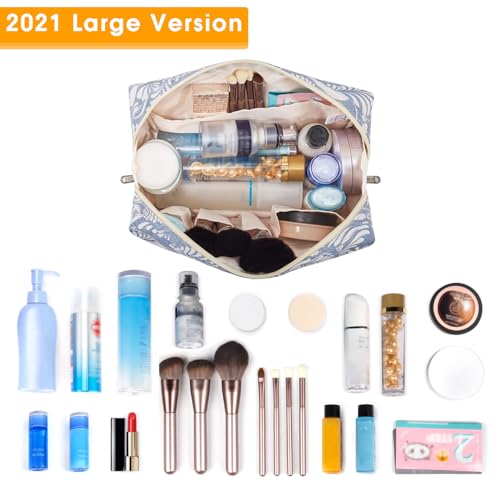 Narwey Makeup Bag Travel Toiletry Bag, Cosmetic Bag for Women Girls - color: Blue Leaf, style: Large